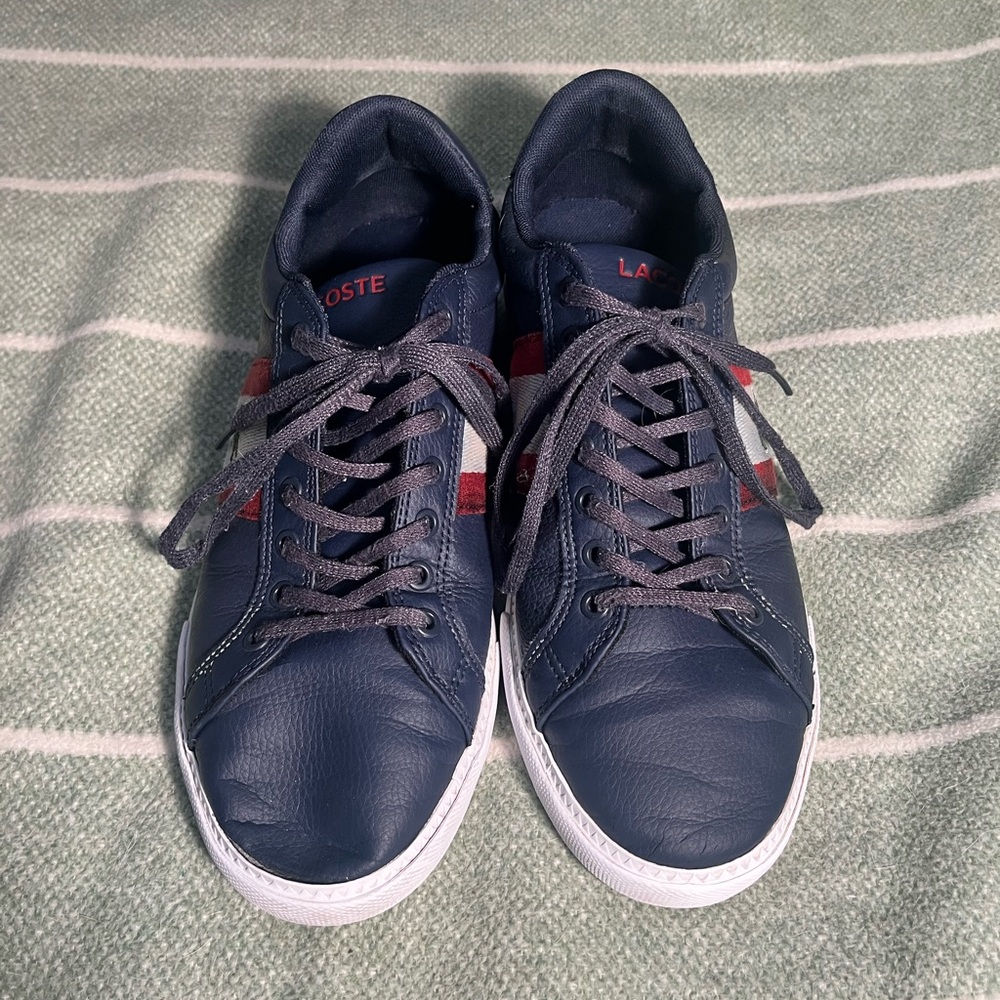 Lacoste Men's Navy Leather Sneakers with Red & White Accents